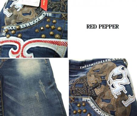 RED PEPPER/レッドペッパー スタッズポケットスカル ビンテージデニムセミ/ストレート