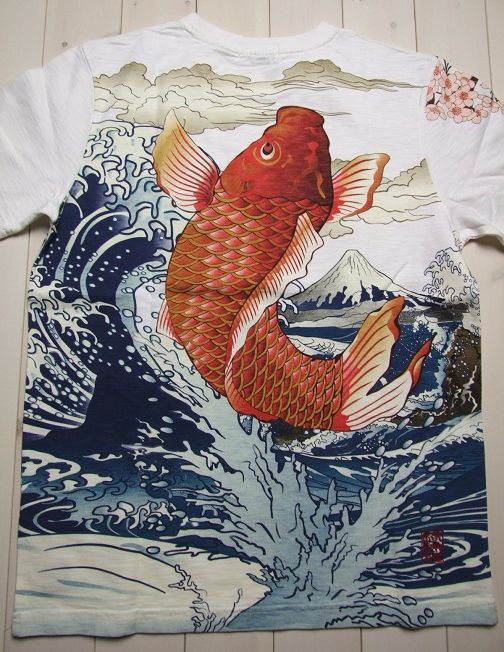 絡繰魂カラクリ魂 荒波桜跳ね鯉半袖Tシャツ/白★
